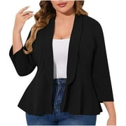 Womens Casual Blazer 3/4 Sleeve Lightweight Suits Jacket Solid Color Plus Size Cardigan